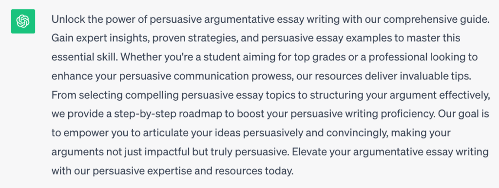 The picture contains ChatGPT's response to a request to write a SEO text about argumentative essay writing.